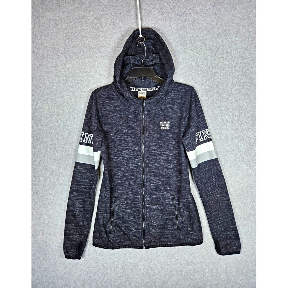 Victoria's Secret PINK Full Zip Hoodie Medium Gray Marled Tech Fleece Thumbhole